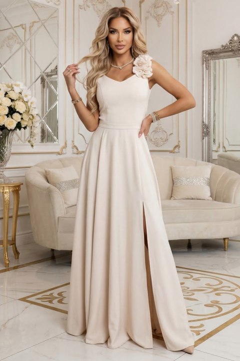 643-3 Elegancka wieczorowa suknia maxi z rozcięciem i różami - beżowa Numoco