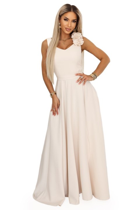 643-3 Elegancka wieczorowa suknia maxi z rozcięciem i różami - beżowa Numoco