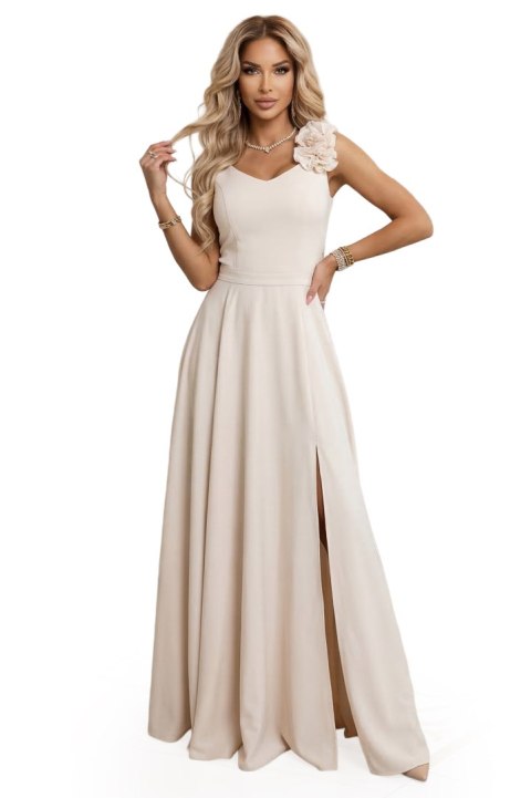643-3 Elegancka wieczorowa suknia maxi z rozcięciem i różami - beżowa Numoco