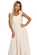 643-3 Elegancka wieczorowa suknia maxi z rozcięciem i różami - beżowa Numoco