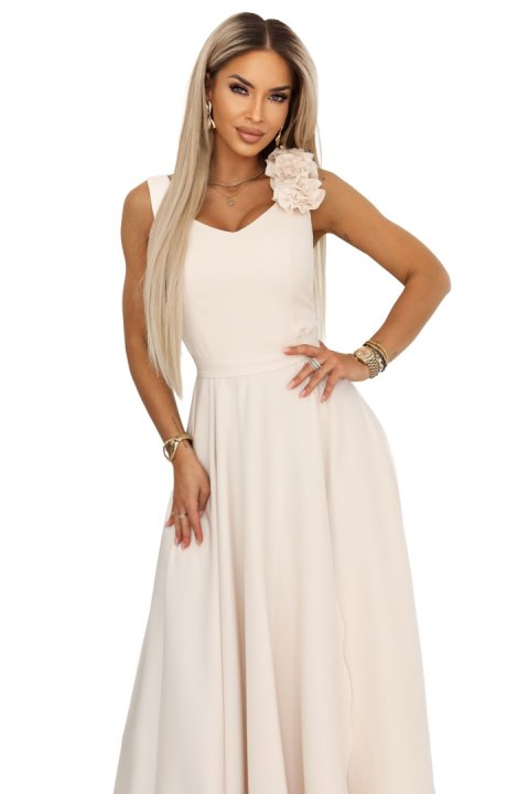 643-3 Elegancka wieczorowa suknia maxi z rozcięciem i różami - beżowa Numoco