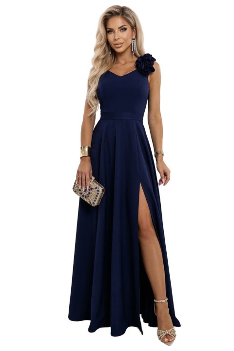 643-4 Elegancka wieczorowa suknia maxi z rozcięciem i różami - granatowa Numoco
