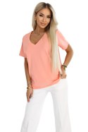 665-2 Bawełniana bluzka damska z dekoltem V i krótkim rękawkiem - koralowa Numoco basic