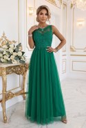 672-3 Romantyczna suknia maxi na wesele z haftowaną koronką i tiulem - zielona Numoco basic