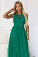 672-3 Romantyczna suknia maxi na wesele z haftowaną koronką i tiulem - zielona Numoco basic