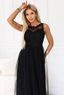 672-4 Romantyczna sukienka maxi z haftowaną koronką i tiulem - czarna Numoco basic