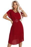 465-5 MIA Plisowana szyfonowa sukienka midi z szerokim paskiem - BORDOWA Numoco basic