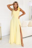 643-5 Elegancka wieczorowa suknia maxi z rozcięciem i różami - masełkowy żółty Numoco
