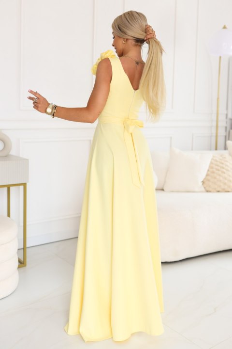 643-5 Elegancka wieczorowa suknia maxi z rozcięciem i różami - masełkowy żółty Numoco