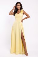 643-5 Elegancka wieczorowa suknia maxi z rozcięciem i różami - masełkowy żółty Numoco