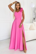 643-6 Elegancka wieczorowa suknia maxi z rozcięciem i różami - cukierkowy róż Numoco