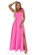 643-6 Elegancka wieczorowa suknia maxi z rozcięciem i różami - cukierkowy róż Numoco