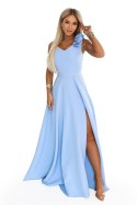 643-7 Elegancka wieczorowa suknia maxi z rozcięciem i różami - błękitna Numoco